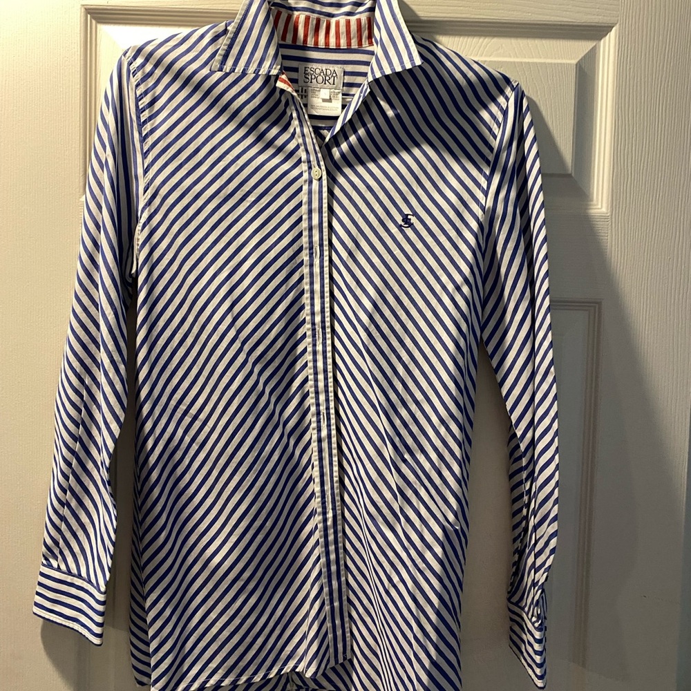 Escada White and Blue Diagonal Stripe Button-Down Blouse